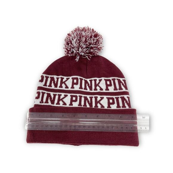 Victoria’s Secret Pink PINK Maroon Cream Pom Beanie Hat Acrylic OSFM Cold Winter - Picture 2 of 7